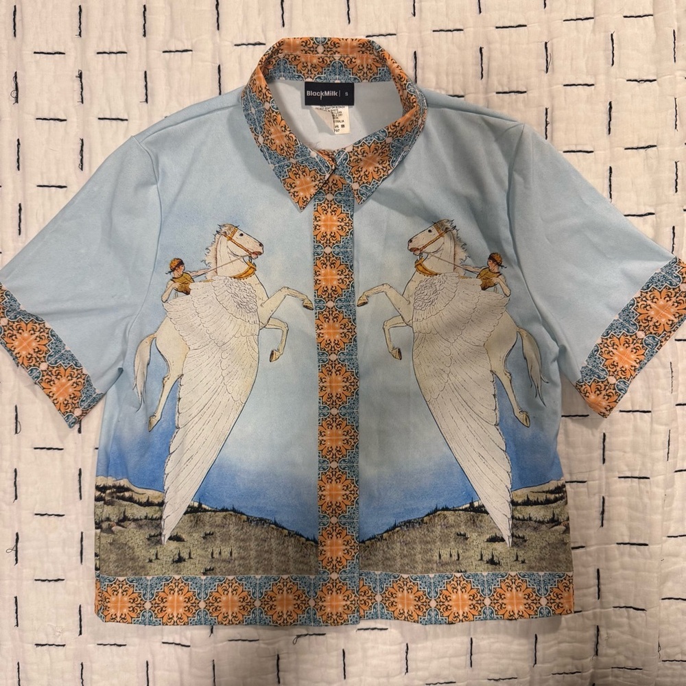 Blackmilk Light Blue Pegasus Button-Down Shirt with Orange Accents